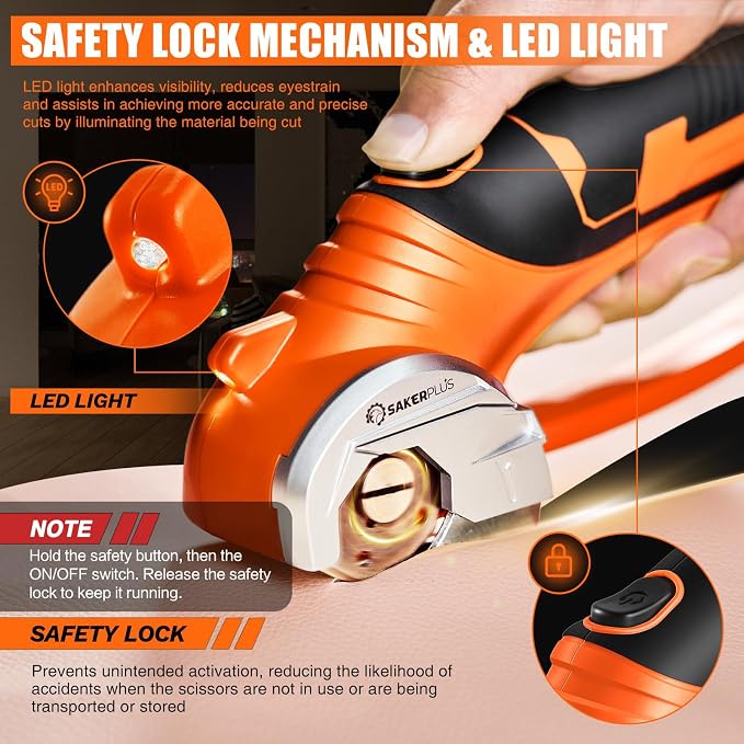 SakerPlus Cordless Electric Scissors, 4V Cardboard Cutter, Box Cutter Fabric Scissor with Safety Lock & LED Light, Rechargeable Power Rotary Cutters for Box Carpet Fabric Plastic Leather