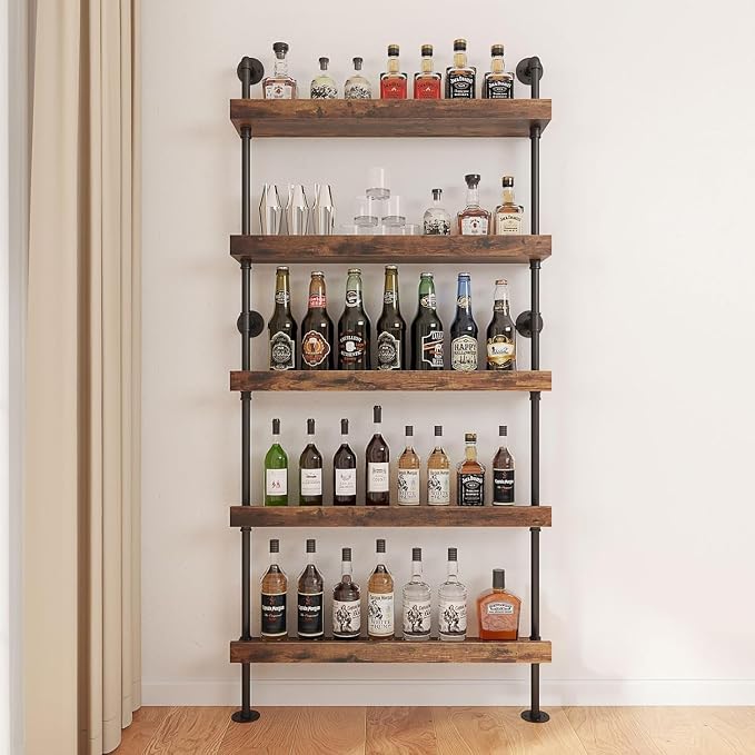 5-Tier Wall Mounted Wine Rack, Floating Bar Shelves, Liquor Bottle Shelf Display, Rustic Industrial Bar Shelf for Home Bar Dining Room Kitchen (23.6" W x 79" H)