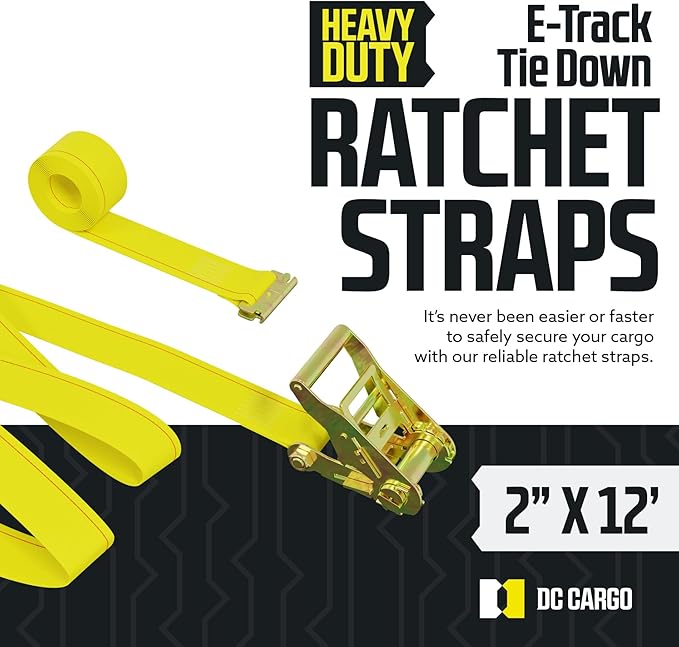 DC Cargo Mall E Track Ratchet Straps Cargo Tie-Downs, (Pack of 2) 2 x 12 Heavy Duty Yellow Tie-Down Rachet Straps, Strong Ratchet Strap, E Track Spring Fittings, Tie Down Motorcycle
