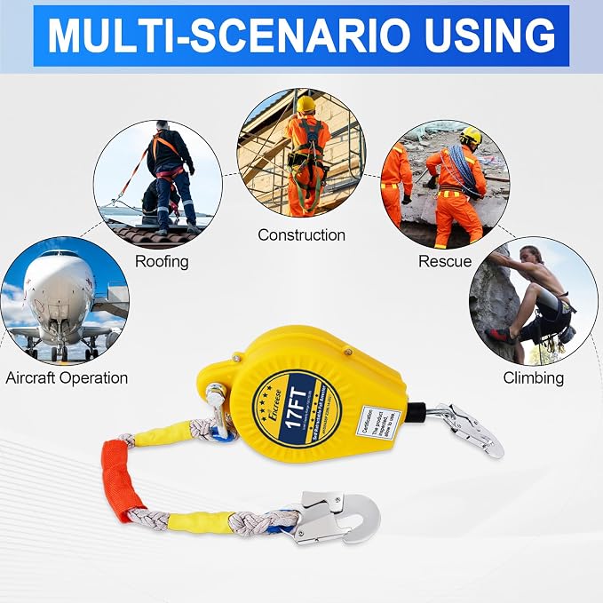 Self Retractable Lifeline Fall Protection Arrester 17FT Double Locking Roofing Safety Rope Lanyard Fall Arrest Gear, Dual Alloy Steel PPE shell Heavy Duty Hook Cable Wire