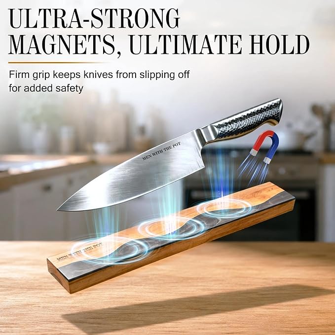 MEN WITH THE POT Magnetic Knife Strips, 16 Inch Magnetic Knife Holder for Fridge Wall, Acacia Wood & Black Resin Knife Magnetic Strip Use as Knife Bar, Knife Holder for Kitchen Utensil Organizer