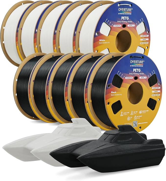 OVERTURE PETG Filament 1.75mm Bundle 10kg, High Speed 3D Printer Filament, Neatly Wound & Clog-Free, 10 Pack 1kg(2.2lbs), Accuracy +/- 0.02mm, Fit Most FDM Printers (Black*5+White*5)
