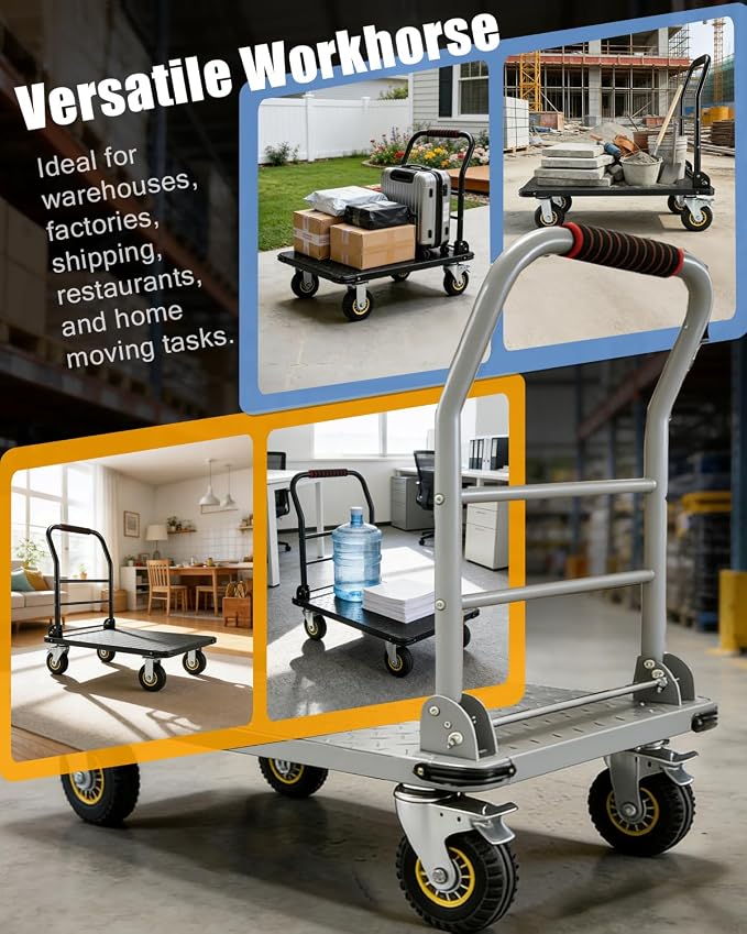 Heavy Duty Platform Truck Cart, 1800LBS Capacity Steel Flatbed Dolly, 36"x24" Large Utility Cart with 6" Swivel Wheels with Brakes, Foldable Hand Truck for Warehouse, Garage, Shipping & Moving