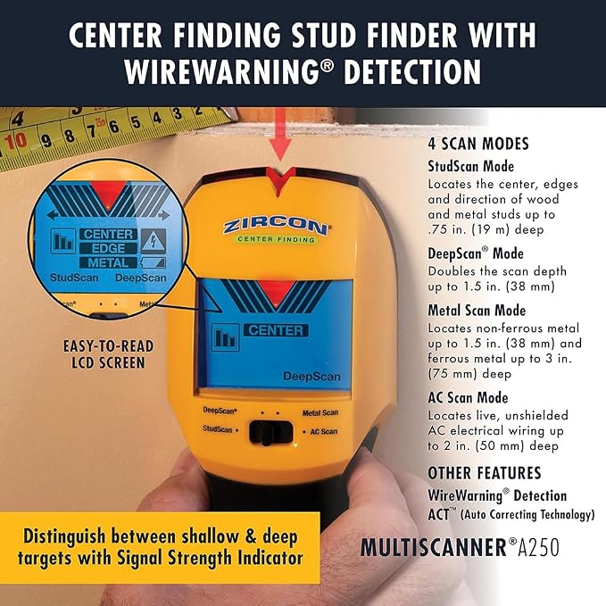 Zircon MultiScanner A250 All-in-One Stud Finder & Wall Scanner with Bonus Tape Measure — Metal Detector + Live AC Wire Scanner with ACT, SpotLite Pointer & 4 Scan Modes