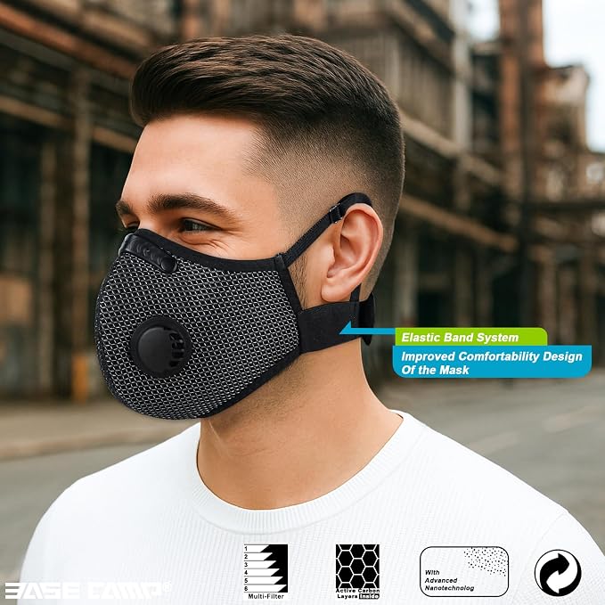 BASE CAMP Silver and Black Upgrade M Plus Dust Mask, Reusable Respirator Face Mask with 6 Activated Carbon Filters, Safety Work Masks for Woodworking, Construction, Yard Lawn Paint, Dust