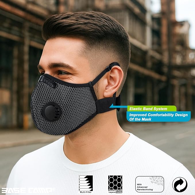 BASE CAMP Silver and Black Upgrade M Plus Dust Mask, Reusable Respirator Face Mask with 6 Activated Carbon Filters, Safety Work Masks for Woodworking, Construction, Yard Lawn Paint, Dust