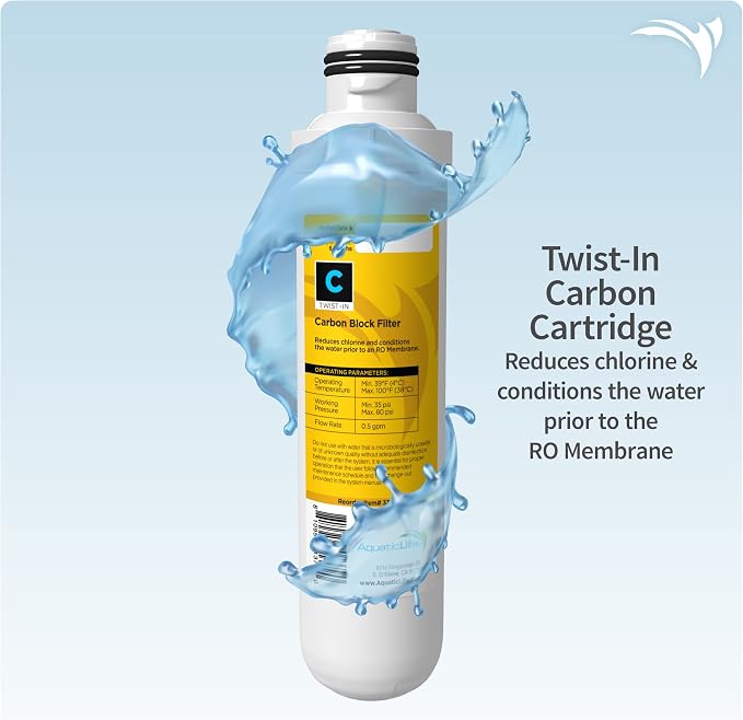 Aquatic Life Twist-In RO/RODI Replacement Cartridges - Carbon Block Filter, Sediment, Color Changing Mixed Bed Deionization Resin and 100 GPD Membrane, 4-Stage Reverse Osmosis Deionization Systems