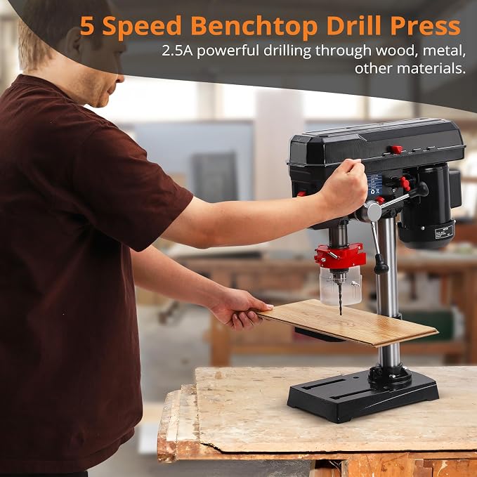 8 Inch Benchtop Drill Press, 5 Speed Adjustable 2.5A Mini Tabletop Drilling Machine with Swing Distance, 0-45° Tilting Worktable for Wood & Metal