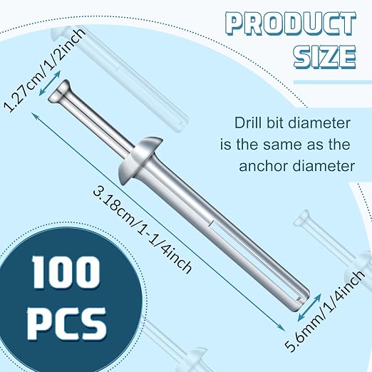 Dunzy 100 Pcs Drive Nail in Anchor Drive Expansion Cement Hammering Anchors Pin Rustproof Zinc Plated Concrete Nails Heavy Duty for Metal Brick Drywall Wood, Hammer Fasteners Kit (1/4" X 1-1/4")