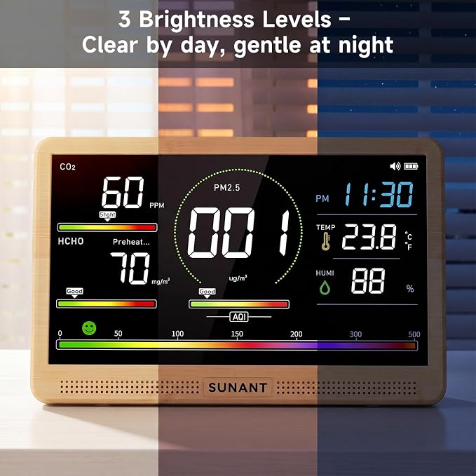 16-in-1 Air Quality Monitor Indoor, 7' Smart Large Display 9 AQI+7 Alarm Alerts, Real Time CO2, Formaldehyde, TVOC, PM2.5, PM10, Temperature & Humidity Portable Battery Powered Tester for Home, Office