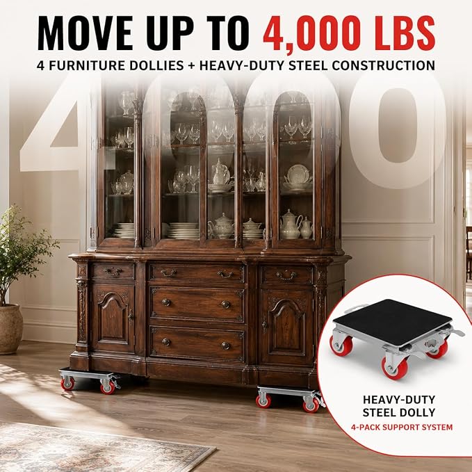 4000lb Capacity - 6.9" x 6.9" Large Heavy Duty Furniture Movers, Steel Furniture Dolly Heavy Duty, Pool Table Dolly - Furniture Lifter with 360° Rotatable Silent Rubber Universal Wheels, Dolly Kit