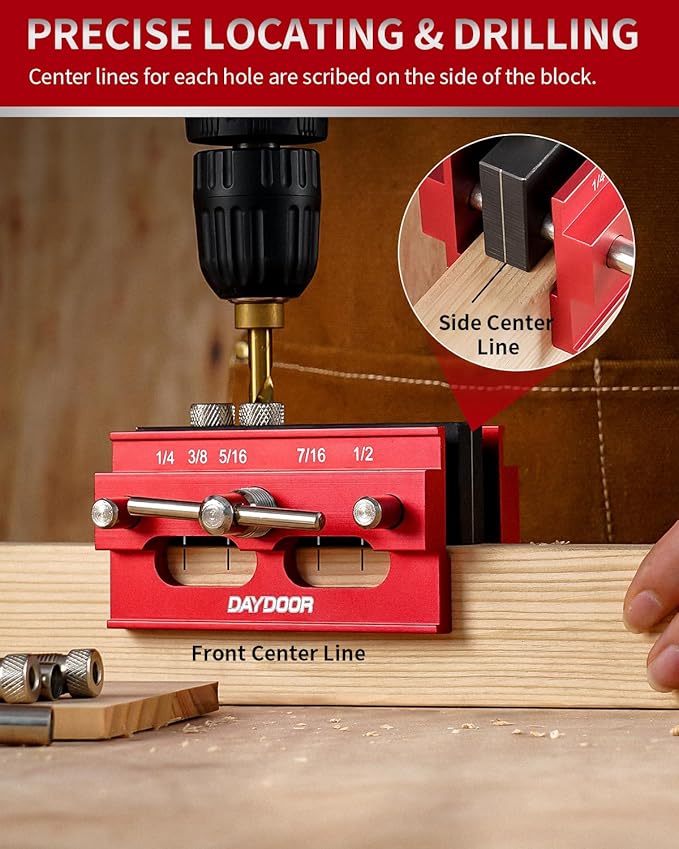 DAYDOOR 2.1" Self Centering Dowel Jig, Universal Capacity Doweling Jig & Drill Guide for Woodworking, Complete Kit with 6 Steel Bushings for Straight Holes(Red)