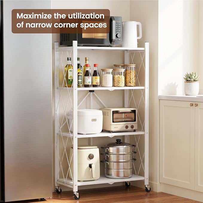 ALANNG 4 Tier Folding Storage Shelf on Wheels,Heavy Duty Metal Rolling Cart | 264 lbs Capacity, No Tools Assembly, Folds to 3.9", Lockable Casters, Portable for Kitchen Laundry Garage (White, 1 Pack)