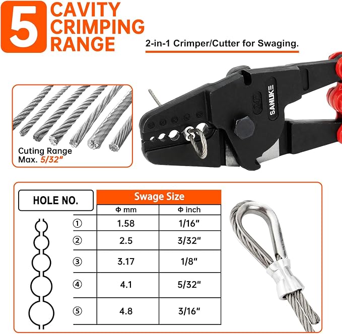 Sanuke 24 Inch Hand Swaging Tool, Wire Rope Crimping Tool 5 Cavity 1/16" 3/32" 1/8" 5/32" 3/16", Crimping and Cutting Combo Cable Crimper, Hand Swager with 50pcs Aluminum Stop Sleeves Oval Sleeves