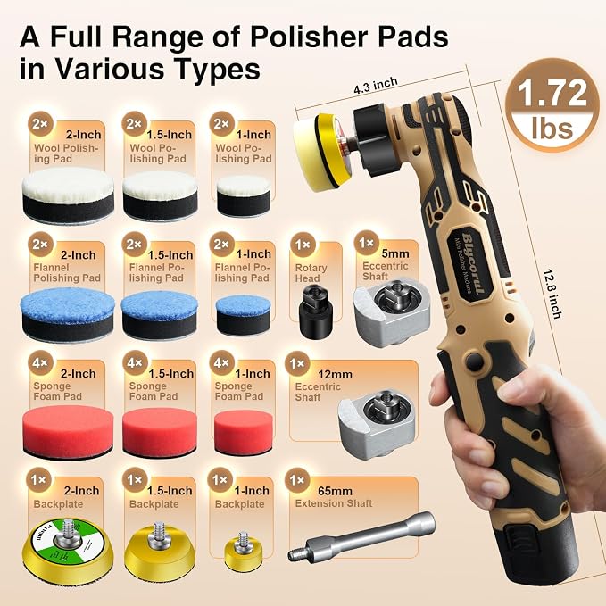 Cordless Mini Polisher,1/1.5/2Inch,DA&RO with 11 Variable Speed 2500-6000 RPM,2.3Ah Rechargeable Battery,Car Detailing Micro Polisher