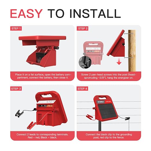 10 Mile Solar Fence Charger 0.18J Electric Fence Energizer with Day Night Mode 24-Hour Protection Red
