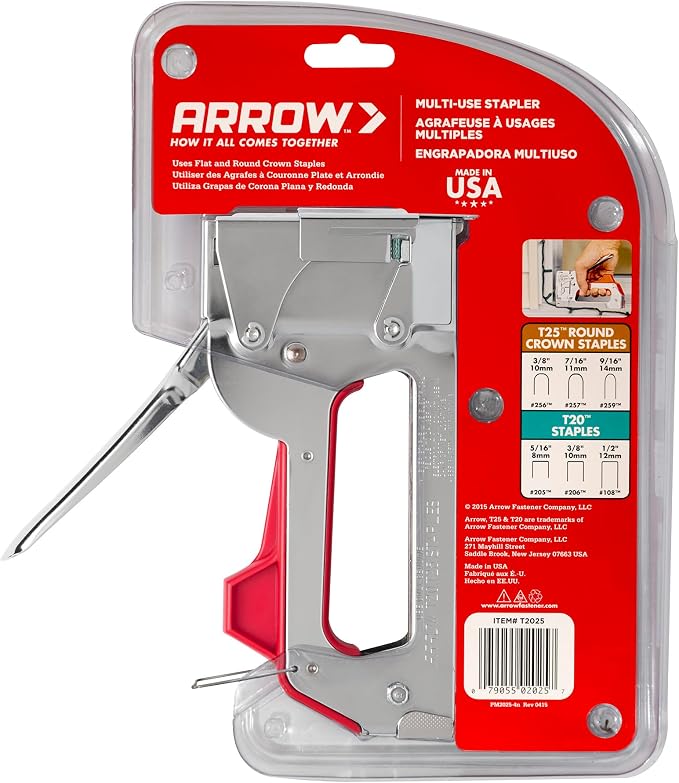 Arrow T2025 2-In-1 Staple Gun and Wire Tacker for Upholstery, Crafts and Low Voltage Wiring, Fits 3/8”, 7/16", or 9/16” Round Crown