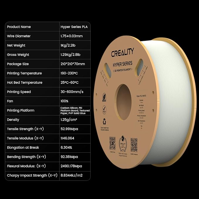 Creality Hyper 3D Printer PLA White Filament High Speed Printing 1.75mm 2.2lbs Spool ±0.03mm Dimensional Accuracy Flow Durable Resistant Smooth for Ender 3 v3 Plus KE K1 Max K1C 3D Printers