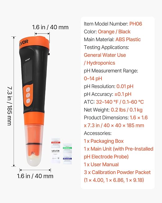 VEVOR pH Meter, 0-14 pH Range, IP68 Waterproof Probe, Pocket Tester Kit with Calibration Powder Packets, VA Display Screen, for Drinking Water, Hydroponics, and Aquarium Water Quality Testing