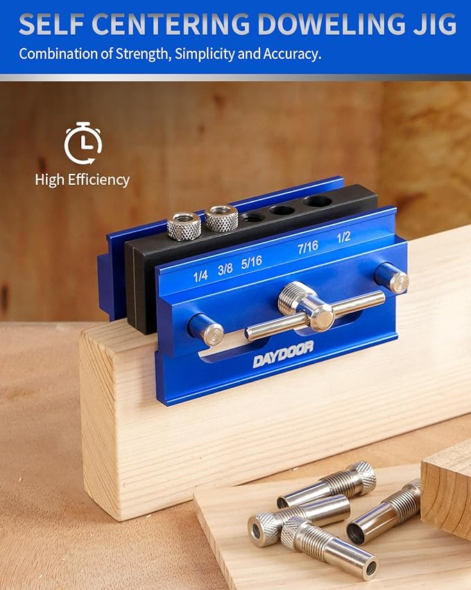 DAYDOOR 2.1" Self Centering Dowel Jig, Universal Capacity Doweling Jig & Drill Guide for Woodworking, Complete Kit with 6 Steel Bushings for Straight Holes(Blue)