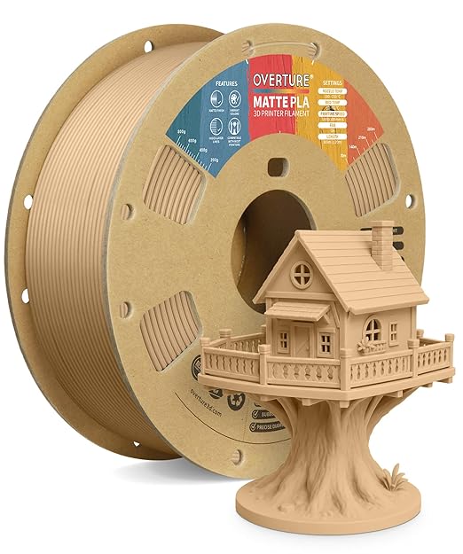 OVERTURE Matte PLA 1.75mm, Low Warp & Smooth Finish 3D Printer Filament | Frosted Matt Finish Hides Layer Lines, 1kg Spool (2.2lbs) Cardboard Spool, Fit Most FDM Printer (Matte Light Brown)