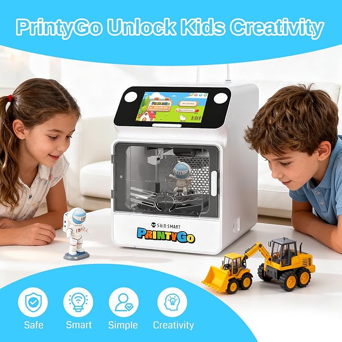 SainSmart PrintyGo Mini 3D Printer for Kids, 600mm/s Auto Leveling Printer for Beginners with 5" Touch Screen, 1500+ Models, Child-Safe Design, Wi-Fi/App Control, Pre-Assembled for STEM Learning Gift