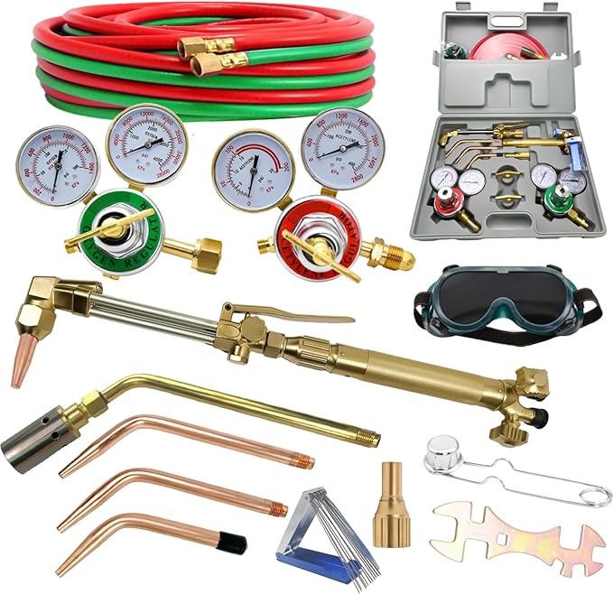 Oxy Acetylene Torch Kit,Portable Gas Cutting Torch and Welding Kit with Heating Tip, Acetylene Oxygen Gas Regulator Welding Hose,Welding Glasses Storage Case
