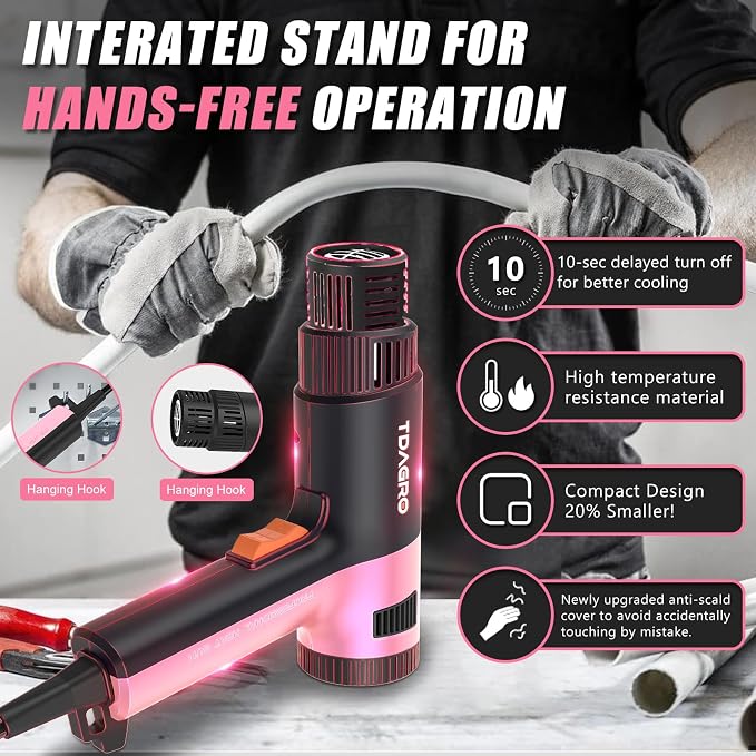 Heat Gun for crafting 1800W, 122℉~1202℉ Variable Temperature Control with 2-Temp Settings 4 Nozzles, 1.5s Fast Heating Mini Heat Gun for Resin, Shrink PVC Tubing/Crafts and Vinyl Wrap（Pink）
