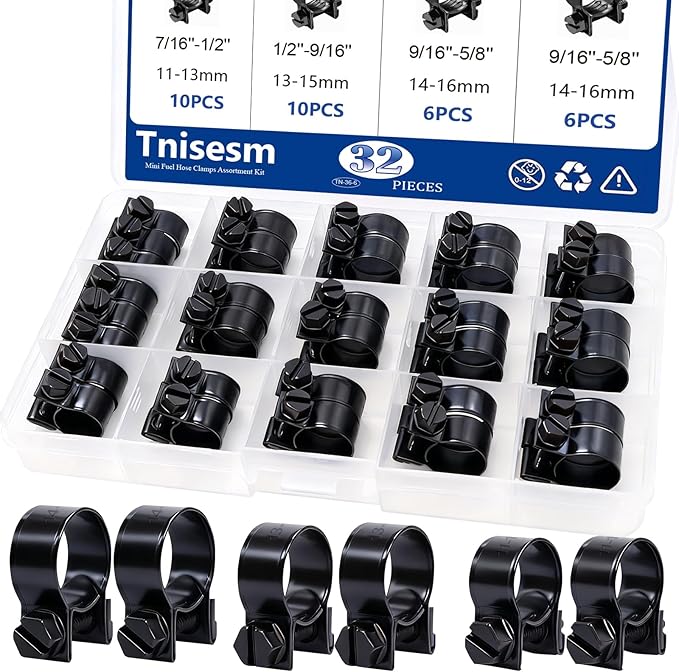 Tnisesm 32Pcs 1/4" 5/16" 3/8" Fuel Injection Gas Line Hose Clamps Black Clip Pipe Clamp Assortment Kit, Hoses Clamps Sleeving,for Automotive Diesel Petrol Pipe