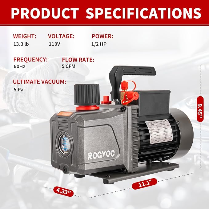 5 CFM AC Vacuum Pump and Manifold Gauge Set, 110V 1/2 HP Single Stage Rotary Vane Air Vacuum Pump HVAC for R12, R22, R410a, R134a AC Refrigerant Recharging with Carry Bag