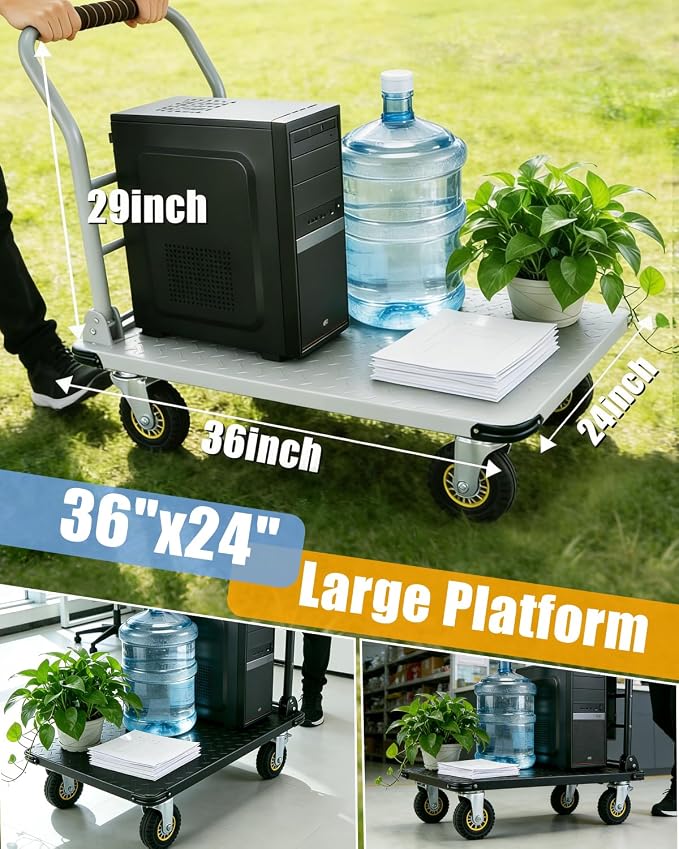 Heavy Duty Platform Truck Cart, 1800LBS Capacity Steel Flatbed Dolly, 36"x24" Large Utility Cart with 6" Swivel Wheels with Brakes, Foldable Hand Truck for Warehouse, Garage, Shipping & Moving