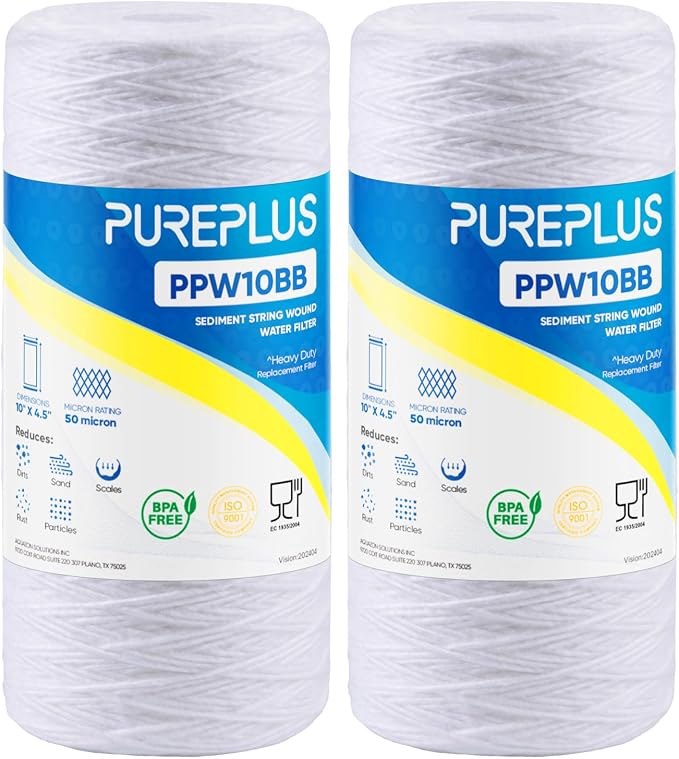 PUREPLUS 50 Micron 10 x 4.5 Whole House String Wound Sediment Filter for Well Water, Replacement Cartridge for 84637, WPX5BB97P, PC10, CW5-BBS, 355215-45, 2Pack