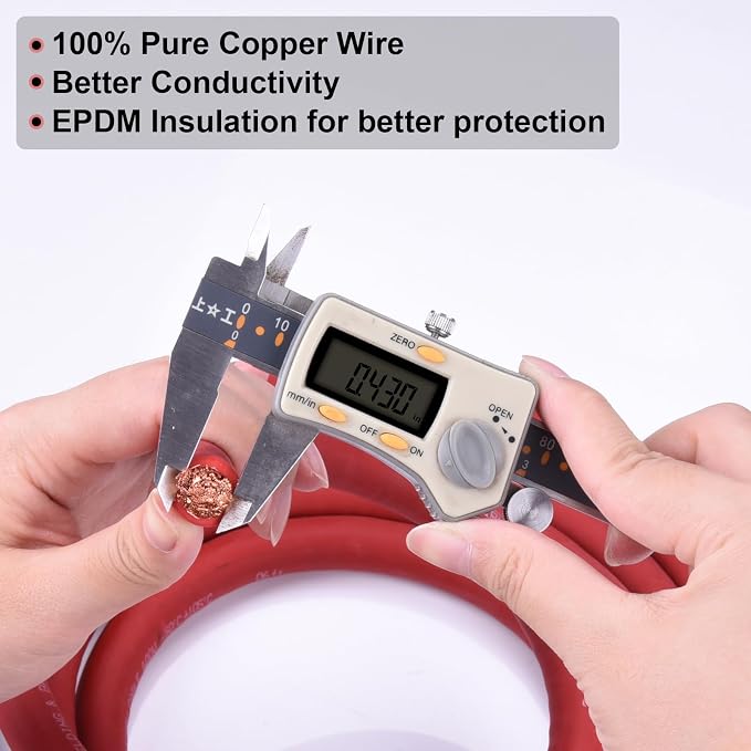 2/0 Gauge Battery Cable, 15FT Red + 15FT Black 2/0 AWG Pure Copper Wire Welding Cable, for Automotive, Battery, Solar and Generator, Standard USA OFC Wire