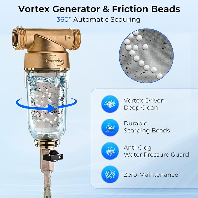 iSpring WSP-50SLS Spin Down Sediment Filter & Water Scale Inhibitor, Whole House Scale & Corrosion Prevention Prefilter, Mesh-Cleaning Scraper-Beads, Flushable Well Water Sediment Buster, 50 Microns