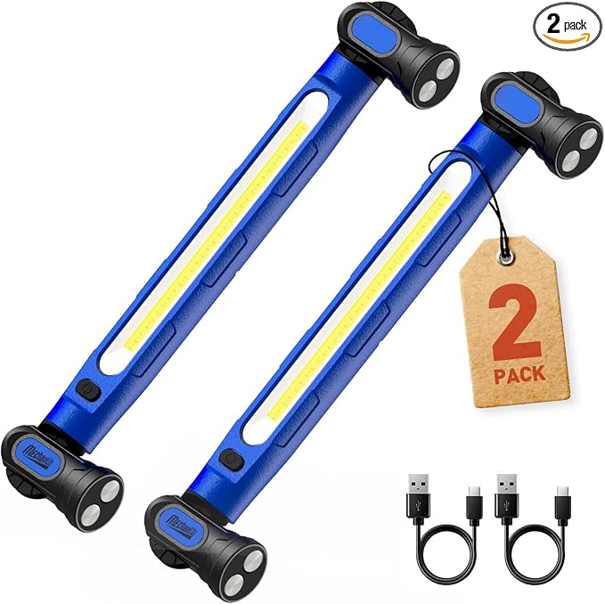 2Pack MechaniLite Under Hood Work Light Bar, 3000LM LED Magnetic Light Bar with Hooks, 5200mAh Cordless Rechargeable Hood Light for Mechanic/Car Repairing/Garage-Blue