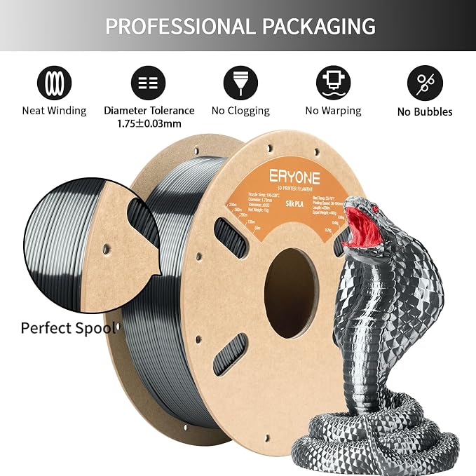 ERYONE Silk PLA Filament for 3D Printer 1.75mm +/- 0.03mm, Shiny Filament 1kg (2.1lbs)/Spool, Gunmetal Gray