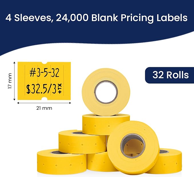 Perco 2 Line Yellow Labels - 24,000 Blank Price and Date Gun Labels for Perco 2 Line Price and Date Guns - 32 Rolls, 4 Sleeves - Made in USA