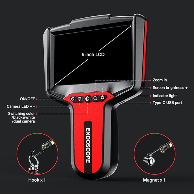 Endoscope Camera with Light: 5" 1080P HD Dual-Lens Inspection Borescope Camera for Sewer - 16.4ft Waterproof Industrial Endoscope - Flexible Snake Bore Scope for Plumbing Automotive
