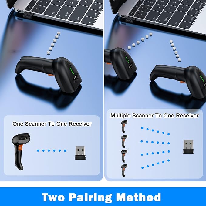 Symcode 2D Wireless Barcode Scanner with Auto-Sensing Stand,Putting on Stand to Scan Automatically Sense Scanning Barcode Scanner with Battery Level Indicator and Multiple Scanner to One Receiver