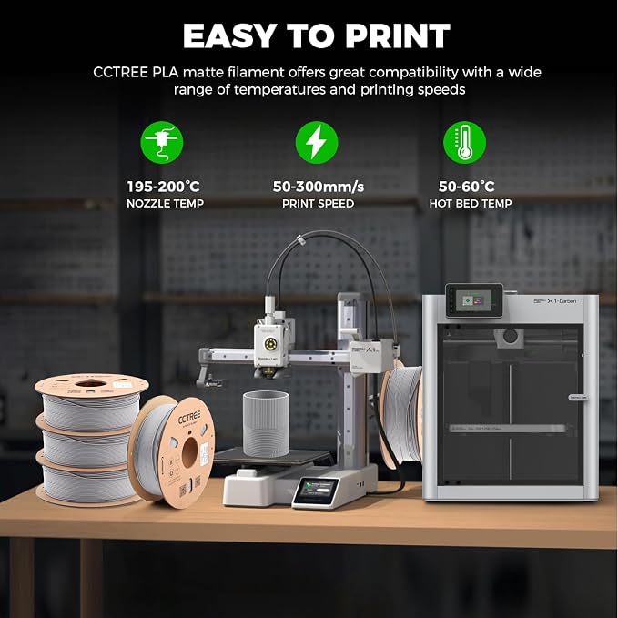 CCTREE Matte PLA Filament 1.75mm Bundle, 4 Pack 1KG Cardboard Spool, Grey | Matte Surface Texture, Easy to Print 3D Printing Filament, Accuracy +/- 0.03 mm, Fit Most FDM 3D Printers