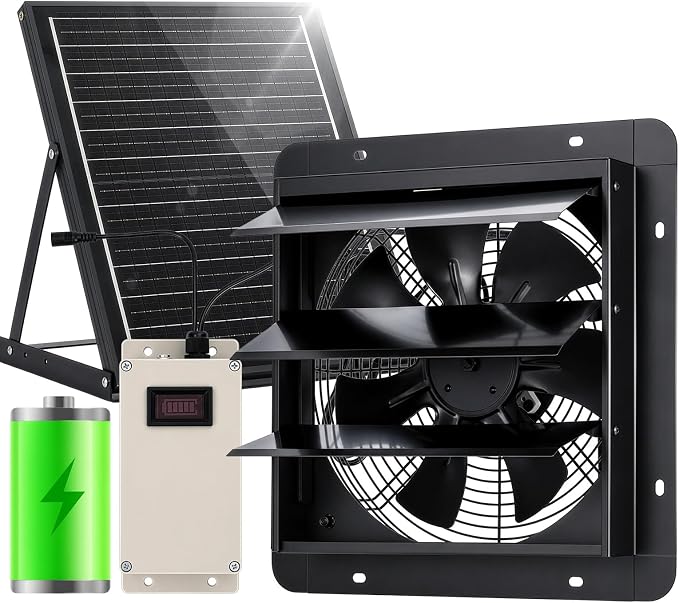 GROWNEER Solar Powered Exhaust Fan, 30W Solar Panel+10" High Speed Solar Powered Fans with Power Adapter, Waterproof Solar Fan with Bracket for Shed, Chicken Coop, Greenhouse, Attic