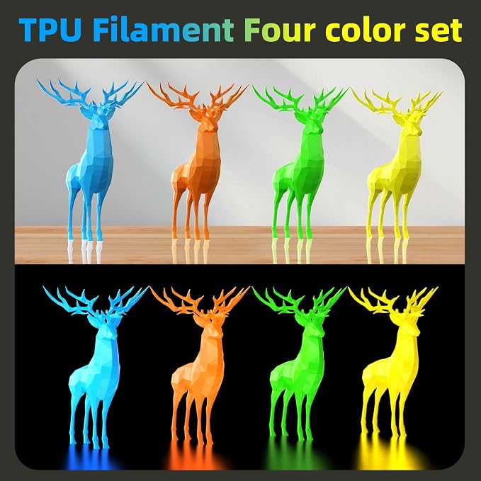 95A TPU 3D Printer Filament Bundle,Glow in The Dark Blue,Green,Orange,Yellow, Each Spool 0.25kg, 4 Spools,Total 1KG,Dimensional Accuracy +/- 0.05mm,Fit Most 3D Printers