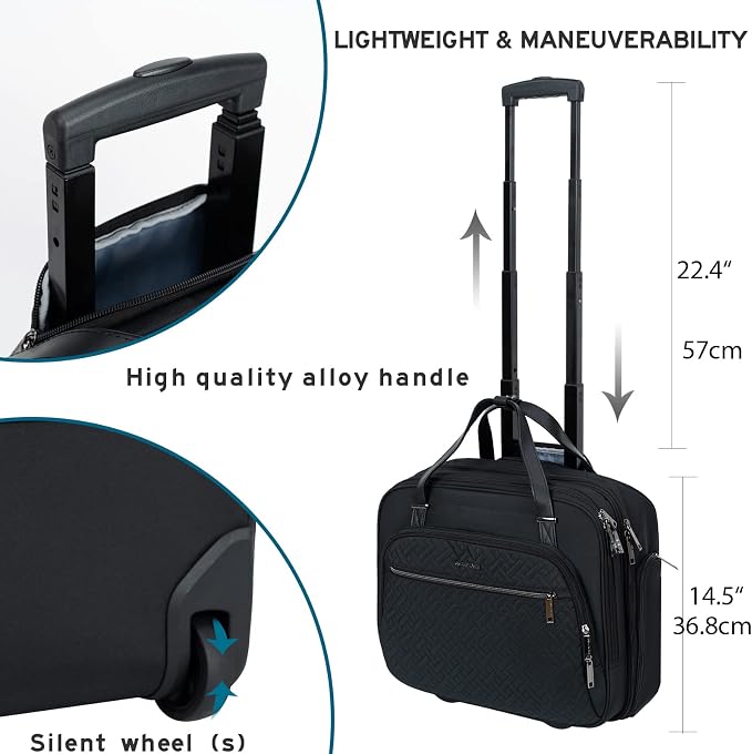 EMPSIGN Rolling Laptop Bag, 15.6 Inch Roller Briefcase with Wheel, Rolling Underaeat Computer Bag with Water-Proof RFID Pockets for Travel Business Work-Quilted Black