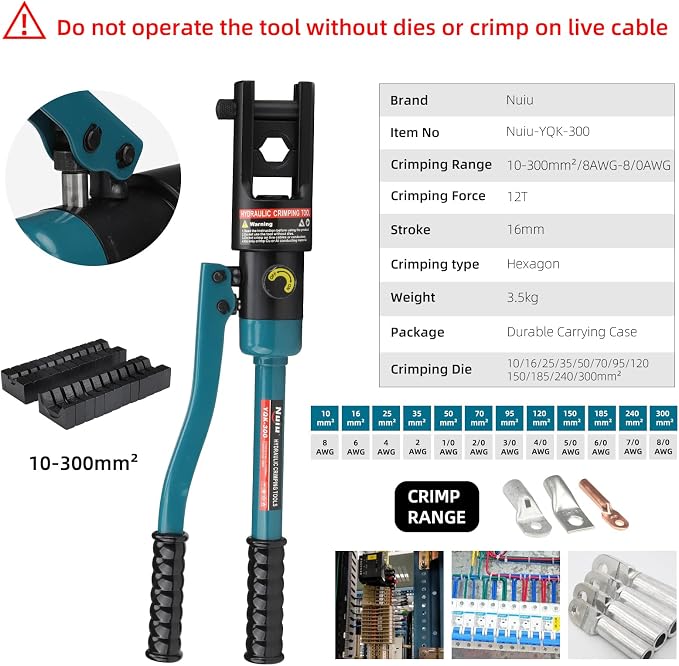 YQK-300 Hydraulic Crimping Tool 12T, Wire Crimper for Battery Cable Terminals 16-300mm²(6 AWG to 8/0 AWG)with 11PCS Hex Dies,16mm Stroke, 180°Swivel Head - Professional Electrician Crimper(Blue)