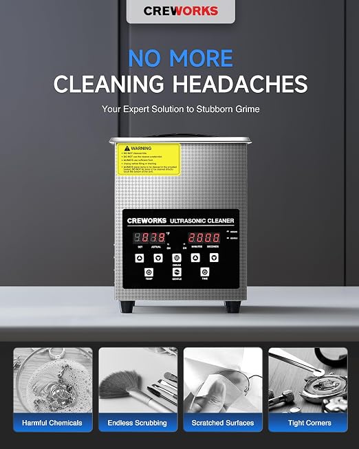 CREWORKS 2L Digital Ultrasonic Cleaner with Degas & Gentle Modes, 0.5 gal. Ultrasonic Cleaning Machine with 150W Heater & 1-30 min. Timer, 60W Professional Ultrasound Cleaner for Glasses Toys Tools