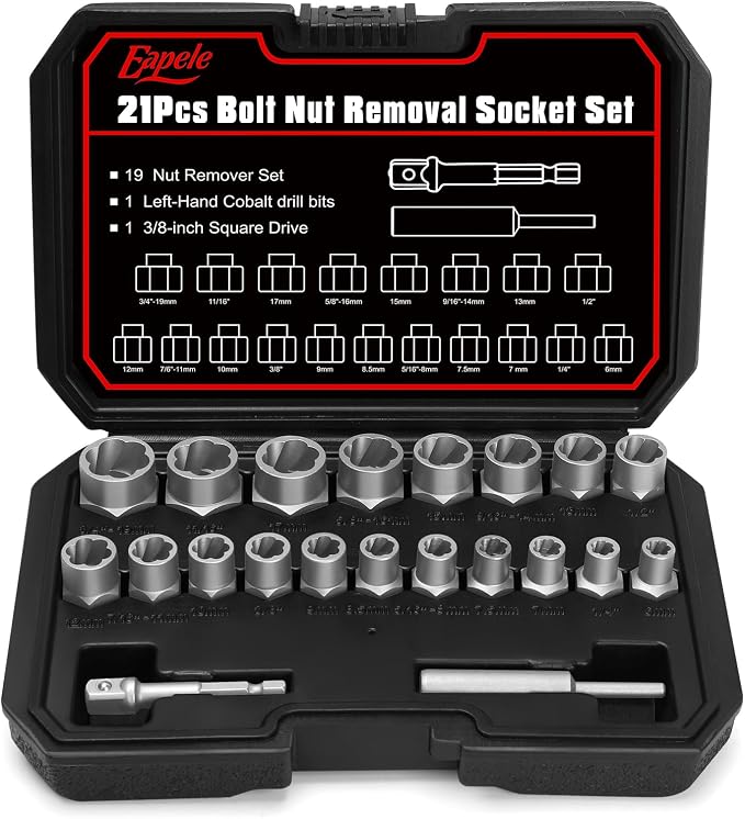 Eapele Bolt Extractor Set, Stripped Nut Remover Twist Sockets, Fit 3/8" Square Drive with Solid Storage Case (21pcs, Silver)
