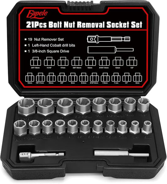 Eapele Bolt Extractor Set, Stripped Nut Remover Twist Sockets, Fit 3/8" Square Drive with Solid Storage Case (21pcs, Silver)