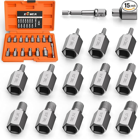 XEWEA Upgrade 15 Piece Screw Extractor Set, 3/8" Inch Multiple Spline Easy Out Stripped Screw Bolt Remover Kit Tool,CR-MO Material for Removing Broken Rusted Screws, Bolts, Studs