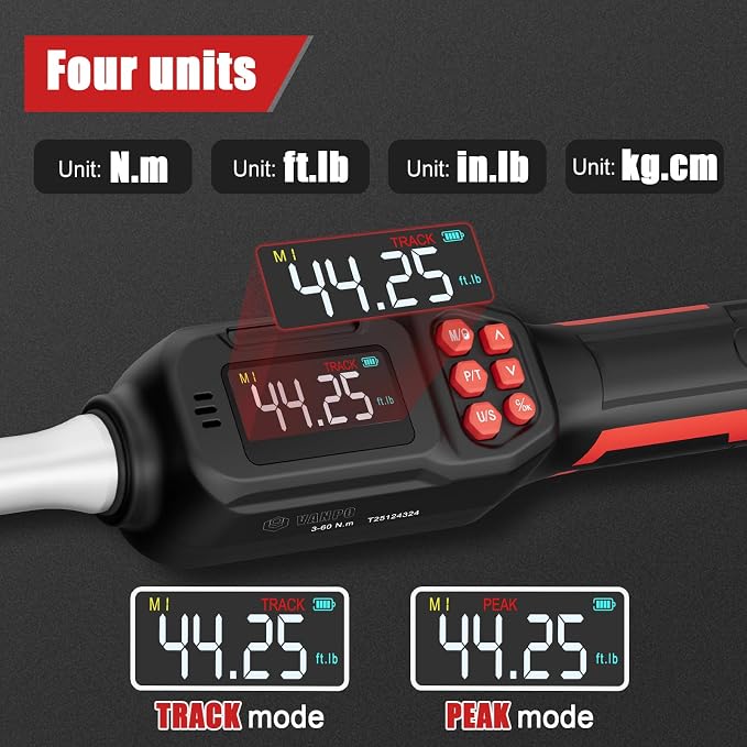 VANPO Adjustable Digital Torque Wrench, 2.2-44.3 Ft.lb/3-60Nm, ±2% Accuracy | Electronic Torque Wrench with 42mm Jaw and 3/8" Drive Ratchet, Buzzer, Vibration and LED Indicator for HVAC and Motorcycle