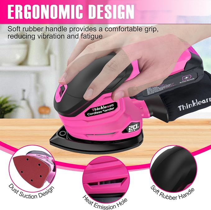 THINKLEARN Cordless Detail Sander with 2Pcs Batteries and Charger, 20V Electric Hand Sander with 22Pcs Sandpapers & Dust Collection System, Palm Sanding Tool for Woodworking, Polishing Wood Furniture